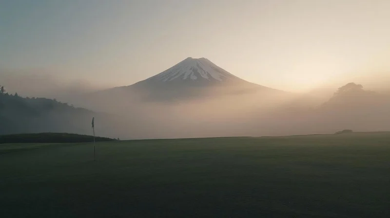 A golf cart parked on the grass at a seaside golf course with a sunset in the background